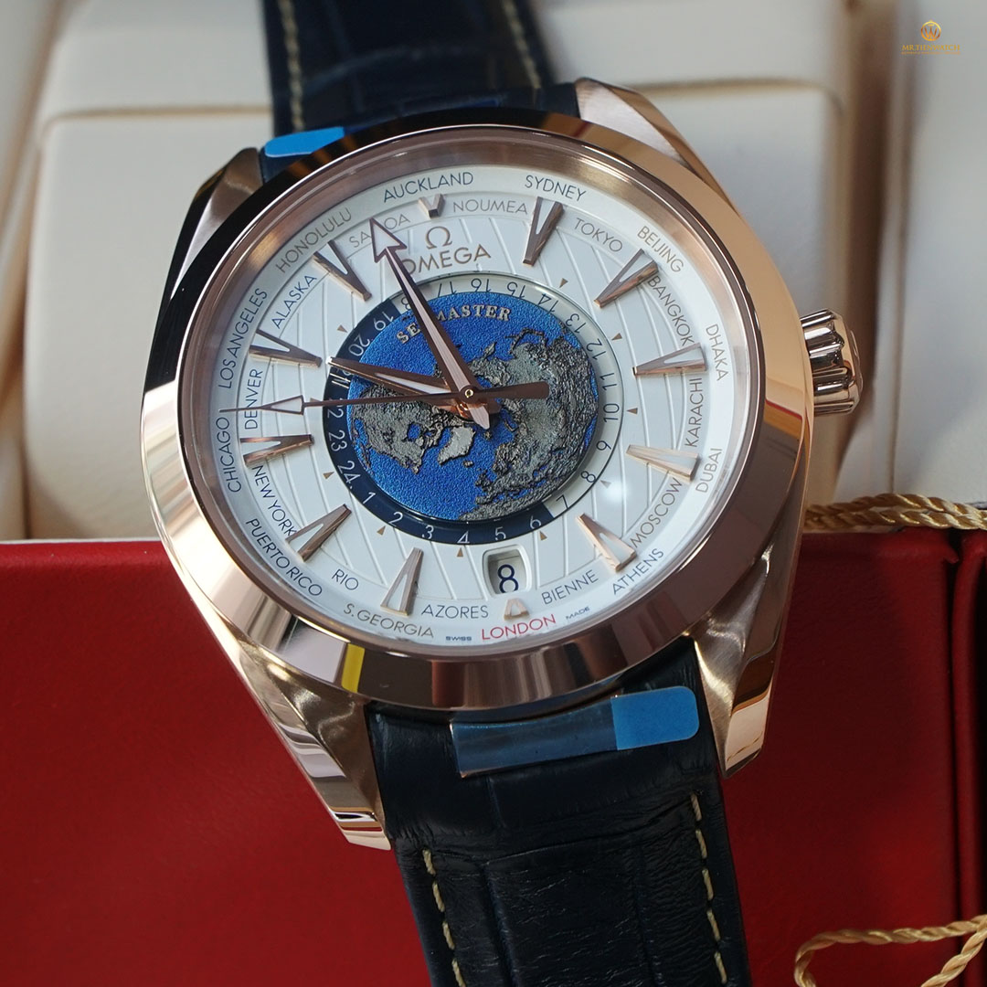 Omega SeaMaster Aqua Terra 150M Co-Axial Master Chronometer GMT Wordtimer 43 MM 220.53.43.22.02.001 Lịch Thế Giới, vàng đỏ nguyên khối, hiếm và khó để đặt mua