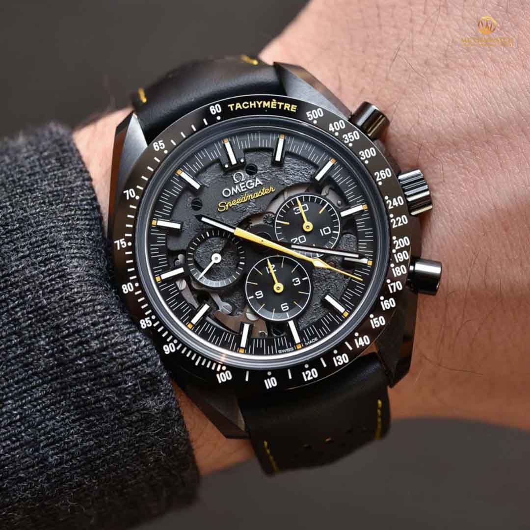 OMEGA SPEEDMASTER MOONWATCH CO‑AXIAL MASTER CHRONOMETER MOONPHASE CHRONOGRAPH 44.25 MM 311.92.44.30.01.001 Black ceramic on leather strap